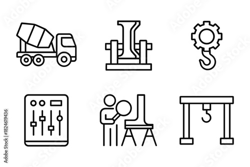 Construction and engineering line icons: equipment, tools, and workers