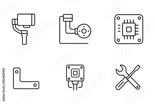 Technology and tools icons set: camera, circuit, and tools in minimalist line art