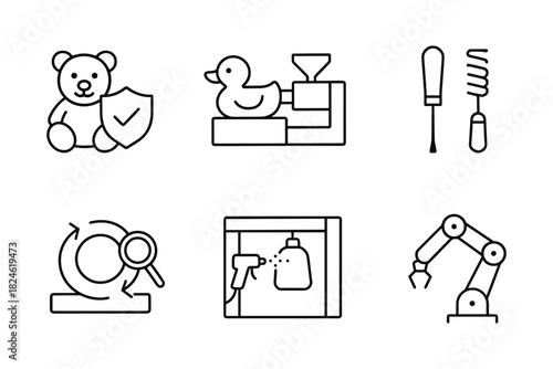 Toy manufacturing icons: safety, production, and tools in linear style
