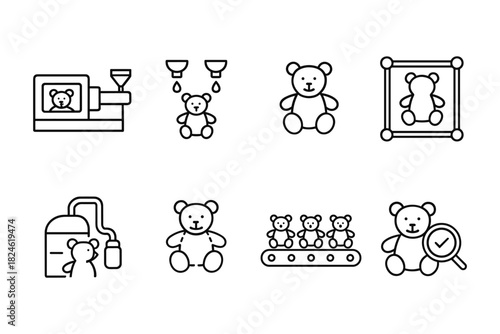 Production and quality process icons for teddy bear manufacturing in linear style