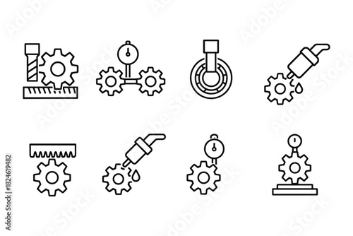 Industrial engineering tools linear icons set for manufacturing and automation