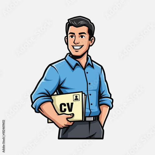A confident and optimistic cartoon professional holding his curriculum vitae, ready to apply for a new job and advance his career
