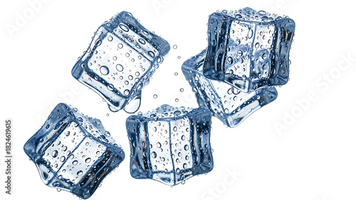 Five Wet Ice Cubes with Water Droplets on Black graphic