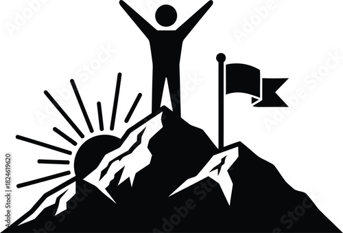 Silhouette of a person reaching the summit with flag and sun