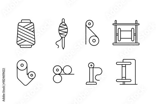 Linear icons of yarn, thread, and sewing tools for creative textile projects