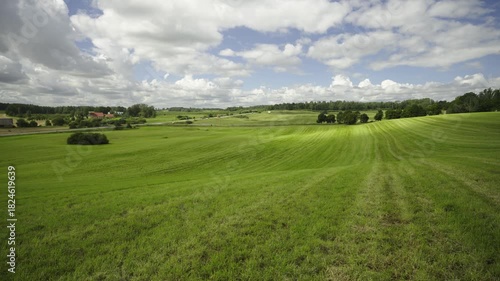 An old oak tree with large branches stands on a hilltop. Below cars passing by fields along the highway. It is summer sunny weather. Latvia. High quality 4k footage. High quality 4k footage