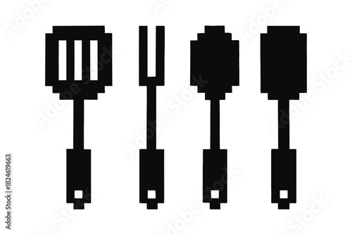 Pixel art kitchen utensils: spatula, fork, spoon, ladle in black