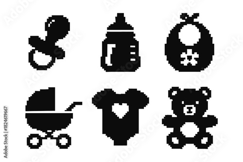 Pixel art baby icons: pacifier, bottle, bib, stroller, onesie, teddy bear