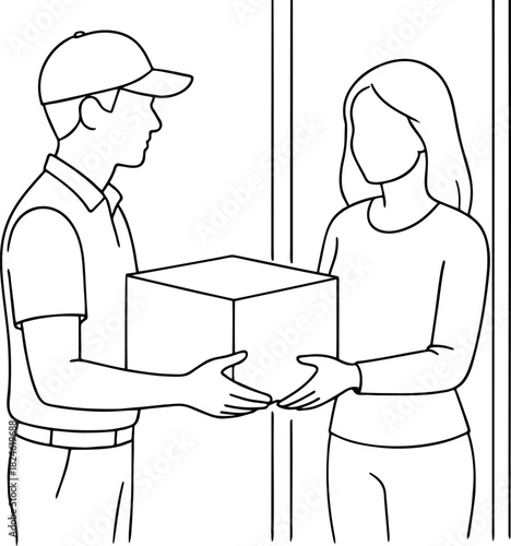 Courier Delivering Package to Woman Line Art