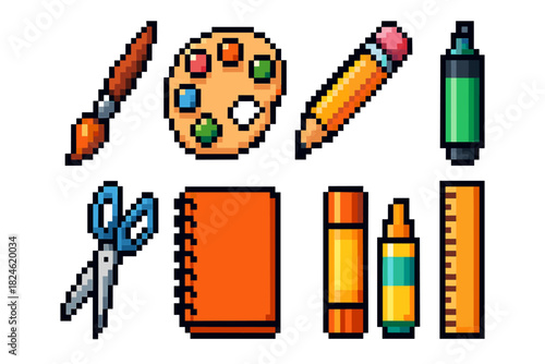 Colorful pixel art set: art tools and school supplies in a retro style