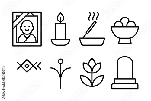 Minimalist funeral and memorial icons: candle, bowl, frame, and monument elements in line art