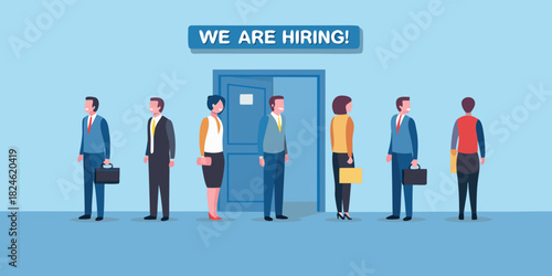 Diverse group of professionals waiting for job interviews with a hiring sign