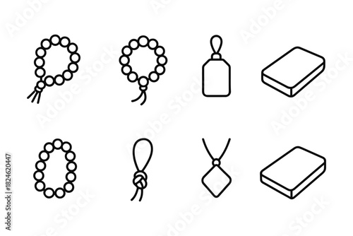 Minimalist outline of rosary beads, essential oils, necklace, and soap bar