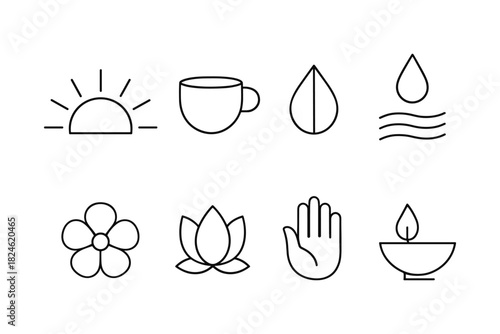 Minimalist line icons of nature and wellness elements