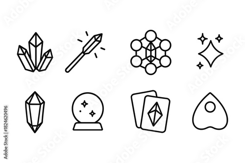Minimalist magic icons with crystals, tarot, and divination tools