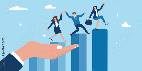 Business professionals climbing success graph supported by a helping hand