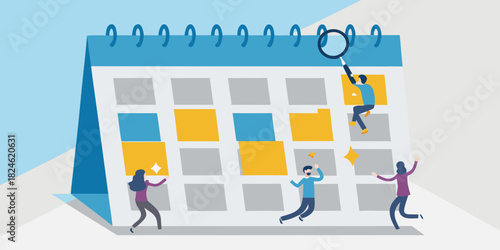 Team planning and scheduling with a calendar and magnifying glass