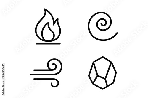 Minimalist elemental icons: fire, water, air, earth representations in simple line art