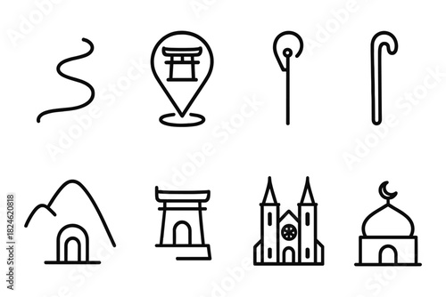 Minimalist religious symbols and locations line icons set