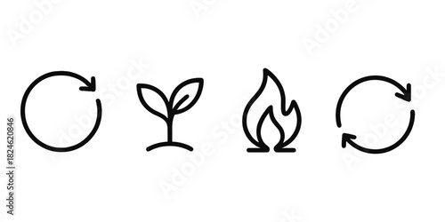 Minimalist eco and energy icons: recycle, growth, fire, refresh