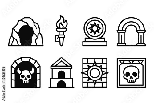 Dungeon and ancient symbol icons: line art collection in black and white