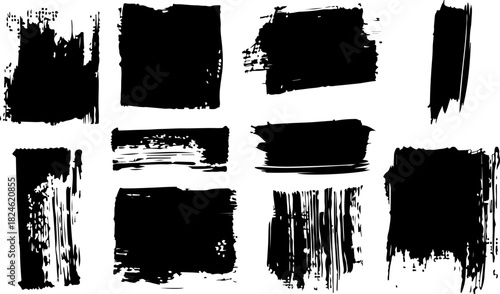 Set of black paint brush strokes and grunge textures isolated on