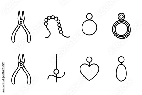 Minimalist jewelry making icons set featuring tools and accessories