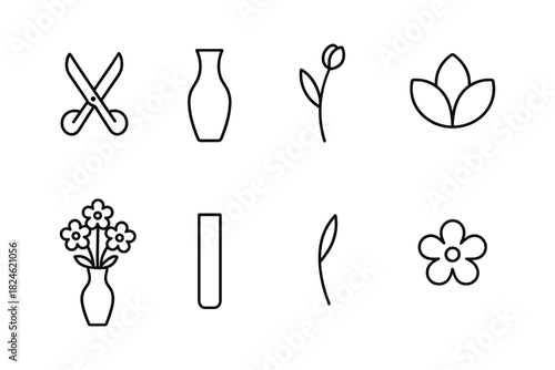 Minimalist floral icons set: flowers, vases, and leaves in line art design