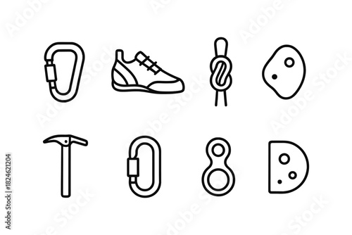 Minimalist climbing gear icons set: carabiner, shoe, knot, and more