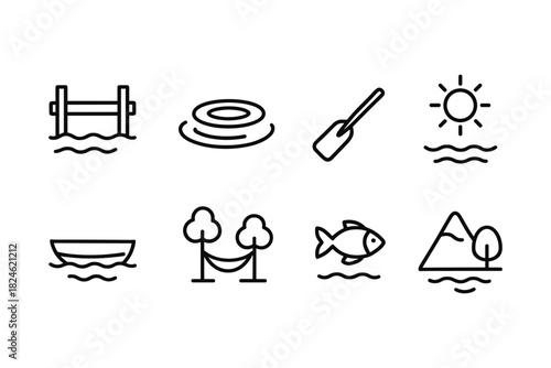 Minimal line icons of water activities and nature elements