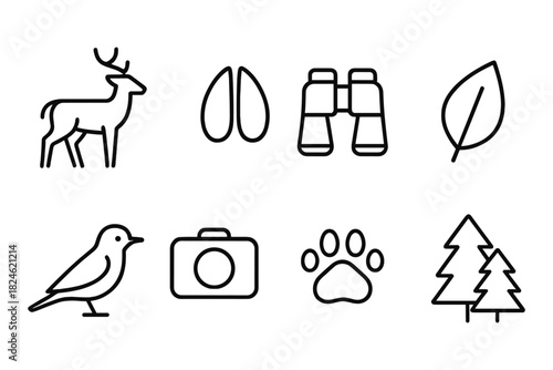 Minimalist outdoor icons: wildlife, nature, and exploration elements