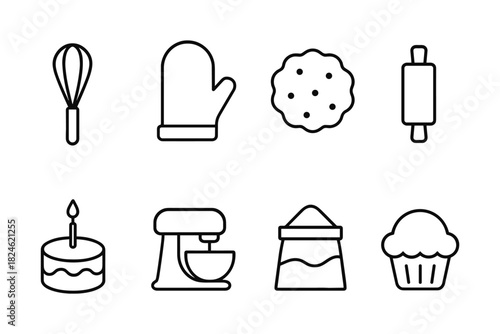 Simple baking tools and desserts icons in linear style