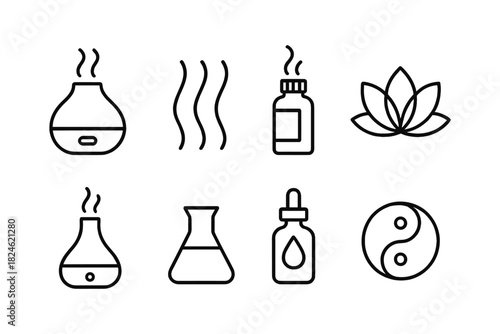 Minimalist aromatherapy icons with essential oils and wellness symbols