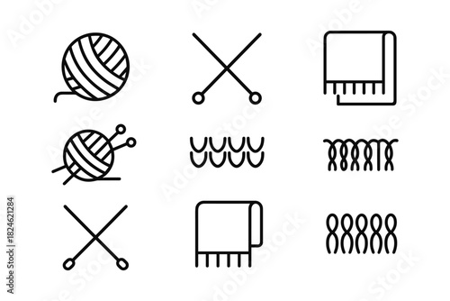 Minimalist line art: knitting tools and yarn icons