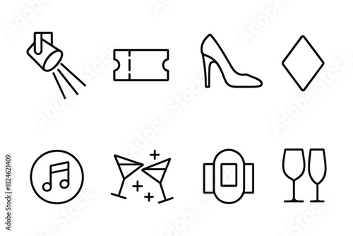 Minimalist event icons: party, fashion, and music essentials in linear style