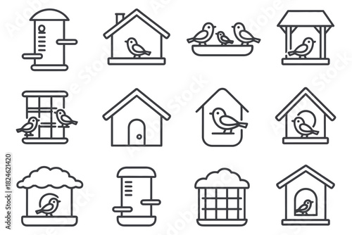 Bird and snowy feeder icons in a simple line outline design, showcasing winter birds, hanging feeders, minimal shapes, and seasonal graphic elements suitable for clean vector illustration