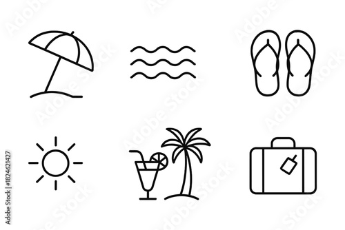 Minimalist beach icons: sun, waves, flip flops, umbrella, tropical drink, suitcase