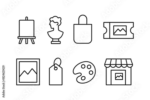 Minimalist art icon set featuring easel, sculpture, shopping bag, ticket, frame, tag, palette, and shop