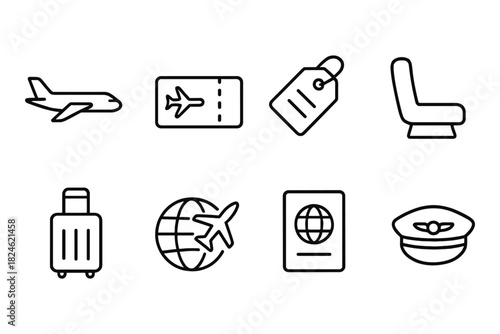 Travel icon set: minimalist air travel symbols for tickets, luggage, and more