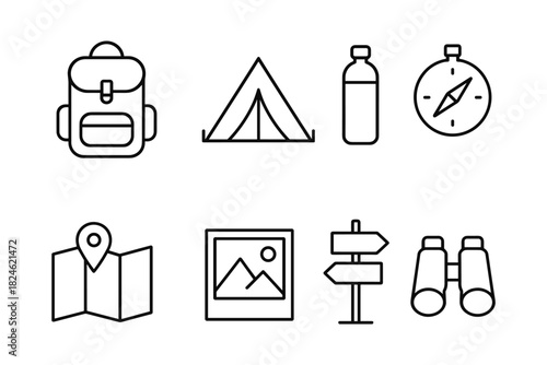 Outdoor adventure icons in minimalist linear style for camping and hiking
