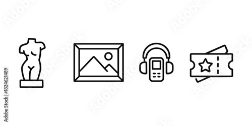 Minimalist line art icons of art, music, and entertainment elements