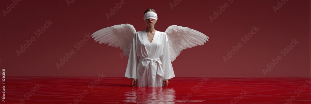 Obraz premium Female angel with blindfold in red water surreal art