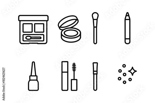 Set of linear makeup icons featuring brushes, powder, and eye cosmetics