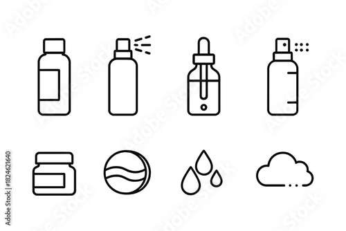Simple linear beauty product icons featuring bottles, jars, and drops