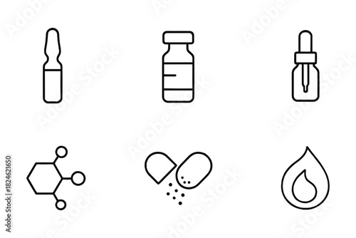 Minimalist line icons of medicine bottles, capsules, and molecular structures