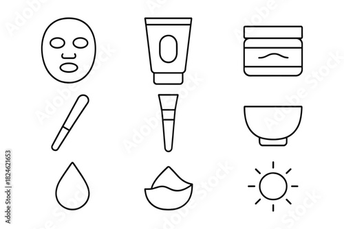Skincare icons set featuring masks, creams, and tools in linear style