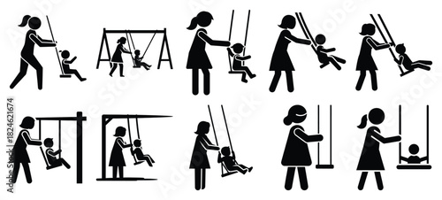 mother pushing swing icon set, black color and white background