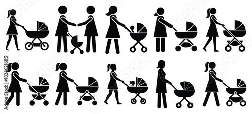 mother pushing stroller icon set, black color and white background