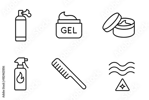 Hair care icon set featuring comb, styling product, and safety symbols in simple line art style