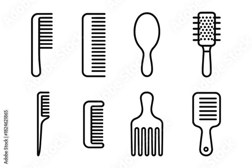 Set of eight hair comb icons in simple linear style